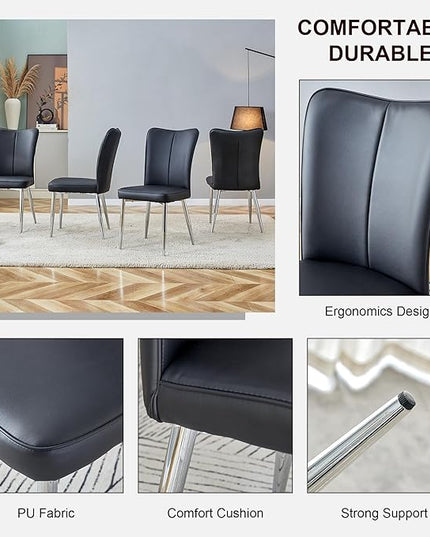 Modern Dining Chairs Set of 4, PU Leather Seat Cushions Black Dining Room Chair, with Silver Metal Legs Kitchen Chair for Home Living Room, Restaurant, Black Chair Silver Legs - LeafyLoom
