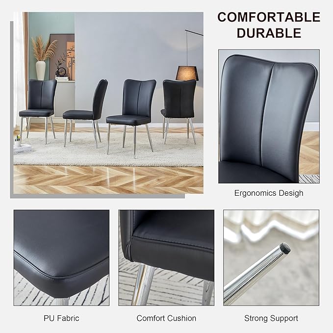 Modern Dining Chairs Set of 2, PU Leather Seat Cushions Black Dining Room Chair, with Silver Metal Legs Kitchen Chair for Home Living Room, Restaurant, Black Chair Silver Legs - LeafyLoom