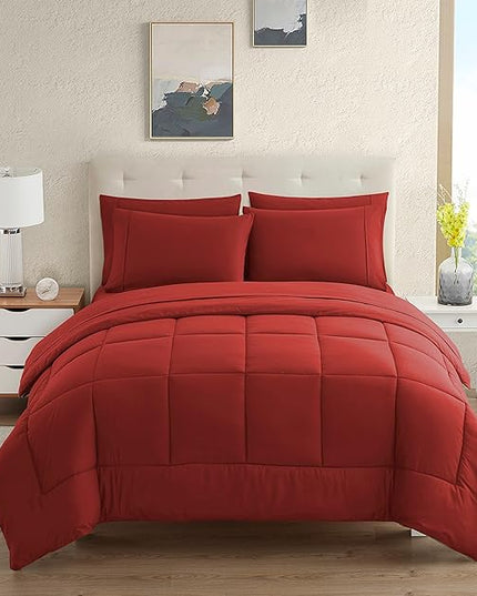 Dorm Room Essentials College Bedding Comforter Set 7 Piece Full Size Bed in a Bag for College Students Boys and Girls, Full, Red - LeafyLoom
