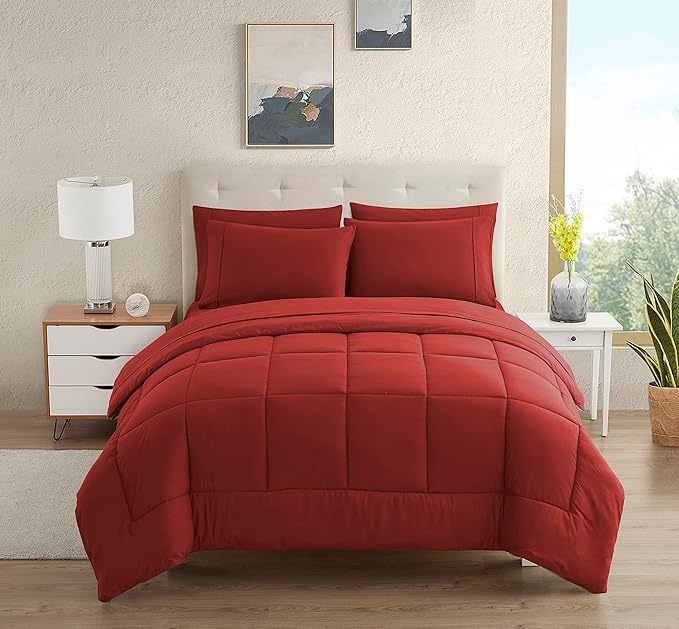 Dorm Room Essentials College Bedding Comforter Set 7 Piece Full Size Bed in a Bag for College Students Boys and Girls, Full, Red - LeafyLoom