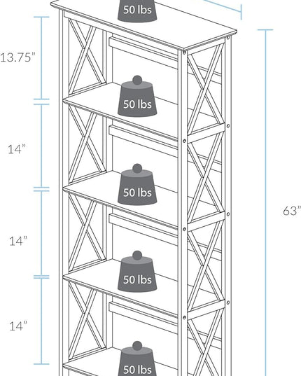 Casual Home Montego Bookcase, 5-Shelf, White,324-51 - LeafyLoom