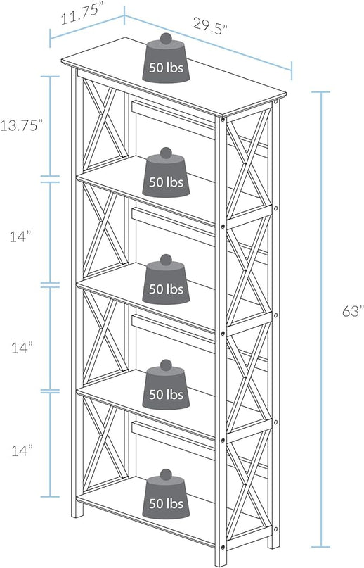 Casual Home Montego Bookcase, 5-Shelf, White,324-51 - LeafyLoom