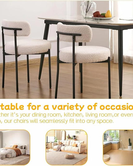 EDWELL White Dining Chairs Set of 4, Modern Dining Room Chairs with 3.94“ Cushions and Metal Legs, Round Upholstered Kitchen Dining Chairs, Ergonomic Backrest Boucle Chairs for Kitchen, Living Room - LeafyLoom