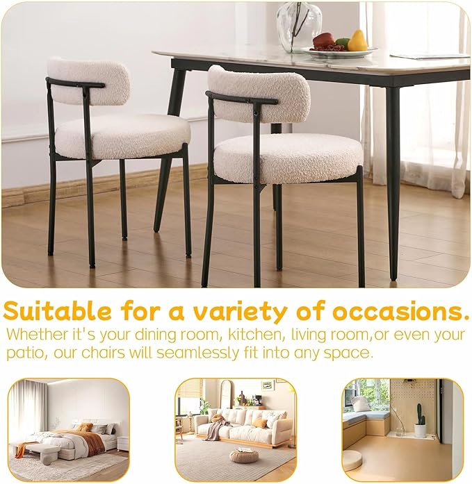 EDWELL White Dining Chairs Set of 4, Modern Dining Room Chairs with 3.94“ Cushions and Metal Legs, Round Upholstered Kitchen Dining Chairs, Ergonomic Backrest Boucle Chairs for Kitchen, Living Room - LeafyLoom