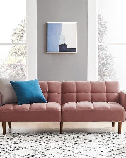 mopio Aaron Couch, Small Sofa, Futon, Sofa Bed, Sleeper Sofa, Loveseat, Mid Century Modern Futon Couch, Sofa Cama, Couches for Living Room, Bedroom (Old Rosa, Velvet) - LeafyLoom