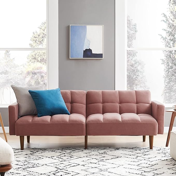 mopio Aaron Couch, Small Sofa, Futon, Sofa Bed, Sleeper Sofa, Loveseat, Mid Century Modern Futon Couch, Sofa Cama, Couches for Living Room, Bedroom (Old Rosa, Velvet) - LeafyLoom