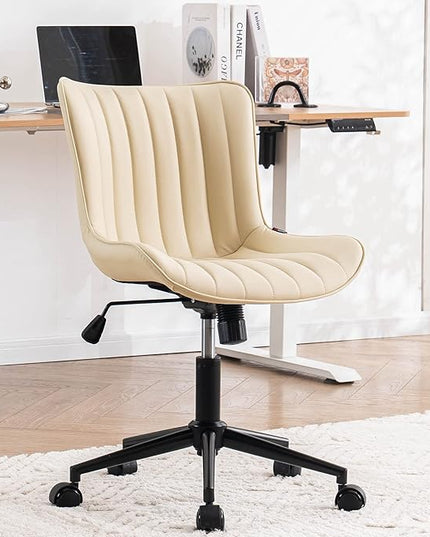 YOUNIKE Office Chair Swivel Desk Chair Upholstered Leather Height Adjustable with Wheels Computer Task Chair Modern Rolling Armless with Back, Beige, Loads 300 lbs - LeafyLoom
