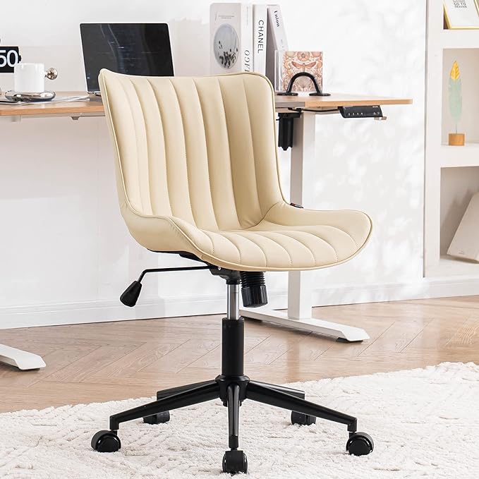 YOUNIKE Office Chair Swivel Desk Chair Upholstered Leather Height Adjustable with Wheels Computer Task Chair Modern Rolling Armless with Back, Beige, Loads 300 lbs - LeafyLoom