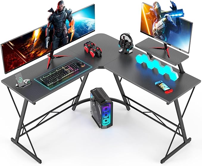 Mr IRONSTONE L Shaped Gaming Desk, Computer Corner Desk Carbon Fiber Surface for Home Office, Writing Study Desk with Laptop Stand, Easy to Assemble, Carbon Fiber, 51 Inch - LeafyLoom