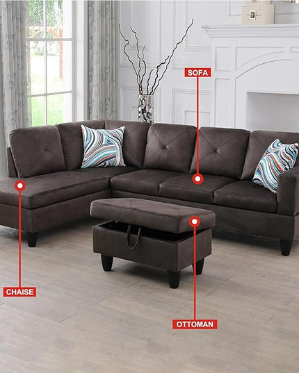 L-Shaped Sectional Couches with 66.5'' Chaise Lounge & Storage Ottoman Modular Room Sofas for Home Office Apartment, Large Living Furniture, 97'' Left Hand Facing, Espresso Flannel - LeafyLoom