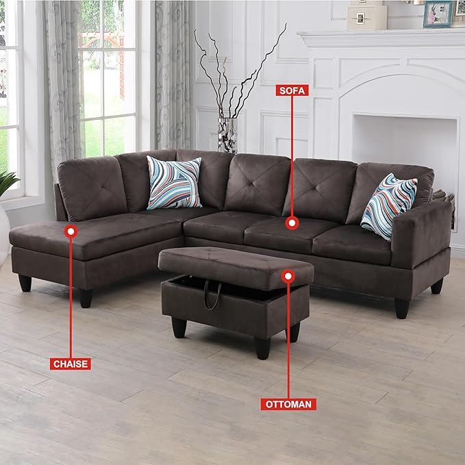 L-Shaped Sectional Couches with 66.5'' Chaise Lounge & Storage Ottoman Modular Room Sofas for Home Office Apartment, Large Living Furniture, 97'' Left Hand Facing, Espresso Flannel - LeafyLoom