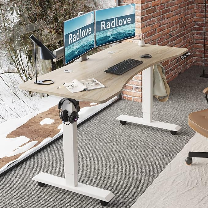 Radlove Electric Standing Desk, 55 x 30 Height Adjustable Computer Desk Sit Stand Desk Home Office Desks with Splice Board and A Under Desk Cable Management Tray (White Frame + Oak Top) - LeafyLoom