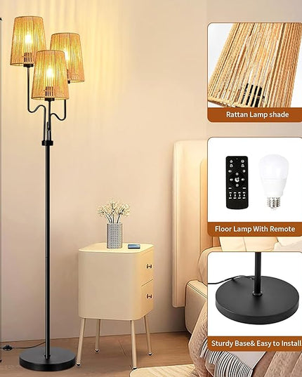 Rattan Floor Lamp for Living Room,Boho Floor Lamps Flower Standing Lamp with Remote,Dimmable Tree 3 Light Tall Lamp Farmhouse Wicker Bamboo Lamp Shade,Floor Light for Bedroom Bohemian Decor - LeafyLoom