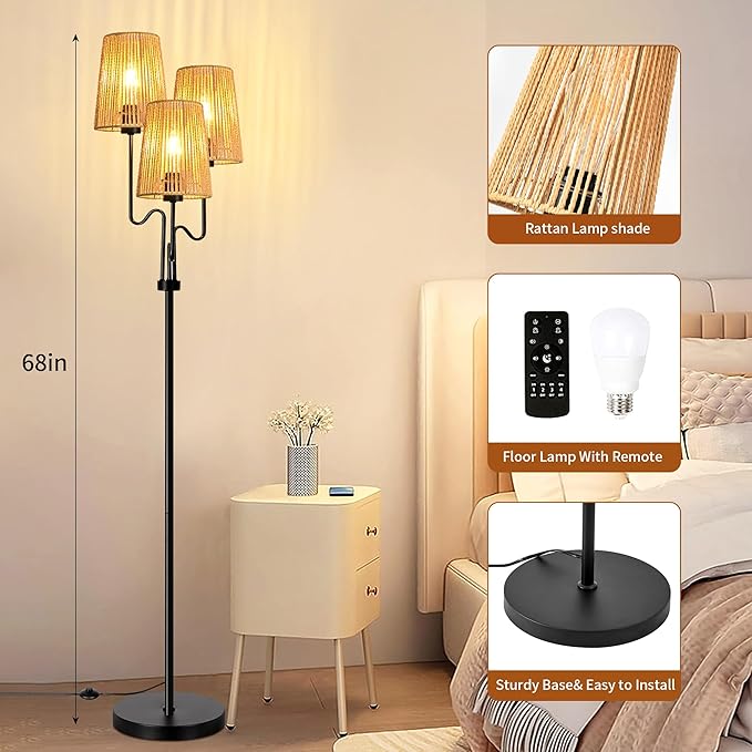 Rattan Floor Lamp for Living Room,Boho Floor Lamps Flower Standing Lamp with Remote,Dimmable Tree 3 Light Tall Lamp Farmhouse Wicker Bamboo Lamp Shade,Floor Light for Bedroom Bohemian Decor - LeafyLoom
