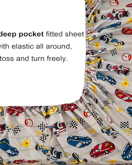 Mooreeke Queen Size Comforter Sets for Boys Kids, 8 Pieces Bed in a Bag Racing Car Bedding Comforter Sheet Set with Shams and Decorative Toy Pillow, Ultral Soft Microfiber Kids Bed Set - LeafyLoom