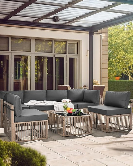 Pamapic 7 Pieces Outdoor Sectional Set, All-Weather PE Rattan Patio Conversation Set, Wicker Adjustable Patio Furniture Set with Washable Cushions Covers and Coffee Table, Brown Rattan, Gray Cushion - LeafyLoom