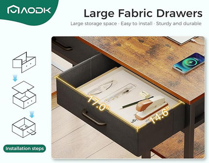 AODK 55 Inch Office Desk with Fabric Drawers & Power Outlets, Computer Desk with Storage Shelves & CPU Stand, Study Table, Writing Desk for Bedroom, Vintage - LeafyLoom