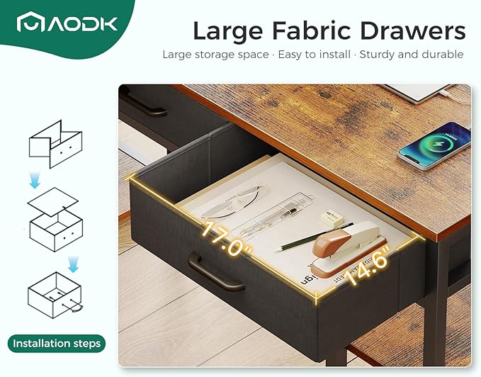 AODK 55 Inch Office Desk with Fabric Drawers & Power Outlets, Computer Desk with Storage Shelves & CPU Stand, Study Table, Writing Desk for Bedroom, Vintage - LeafyLoom