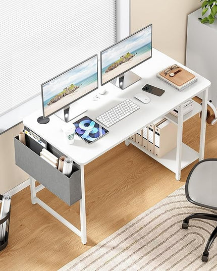 Computer Desk, 47.2” Home Office Desks, Modern Small Desk for Bedroom, Gaming Desk with Iron Hook and Height Adjustable Feet, Sturdy Student Writing Desk with Storage Bag, Storage Shelves - LeafyLoom