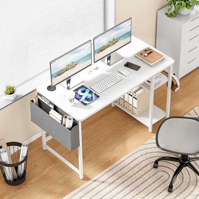Computer Desk, 47.2” Home Office Desks, Modern Small Desk for Bedroom, Gaming Desk with Iron Hook and Height Adjustable Feet, Sturdy Student Writing Desk with Storage Bag, Storage Shelves - LeafyLoom