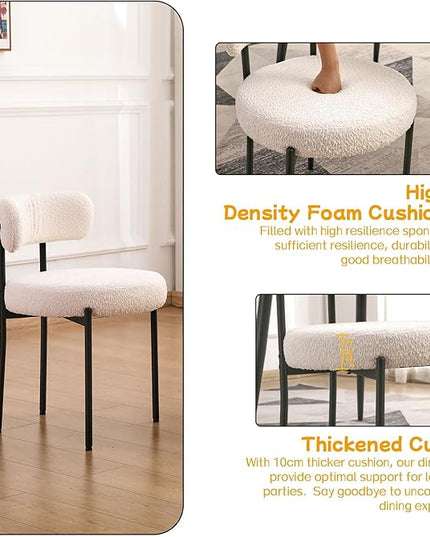 EDWELL White Dining Chairs Set of 6, Modern Dining Room Chairs with 3.94“ Cushions Mid-Century, Round Upholstered Boucle Chairs for Kitchen, Living Room, Kitchen Chairs with Black Metal Legs - LeafyLoom
