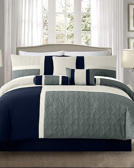 Chezmoi Collection Upland 7-Piece Quilted Patchwork Comforter Set, Navy/Blue/Gray, California King - LeafyLoom