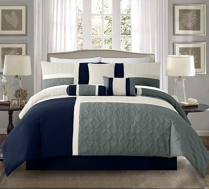 Chezmoi Collection Upland 7-Piece Quilted Patchwork Comforter Set, Navy/Blue/Gray, California King - LeafyLoom