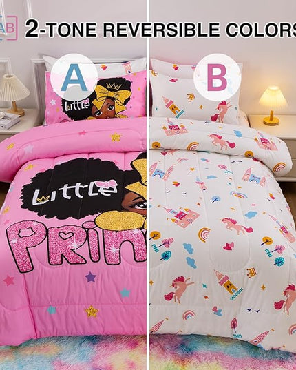A Nice Night Black Girl Little Princess Comforter Set, Pink 6Pcs Bed in A Bag Twin Size Sparkling Stars Bedding Set,for Kids, Girls - LeafyLoom
