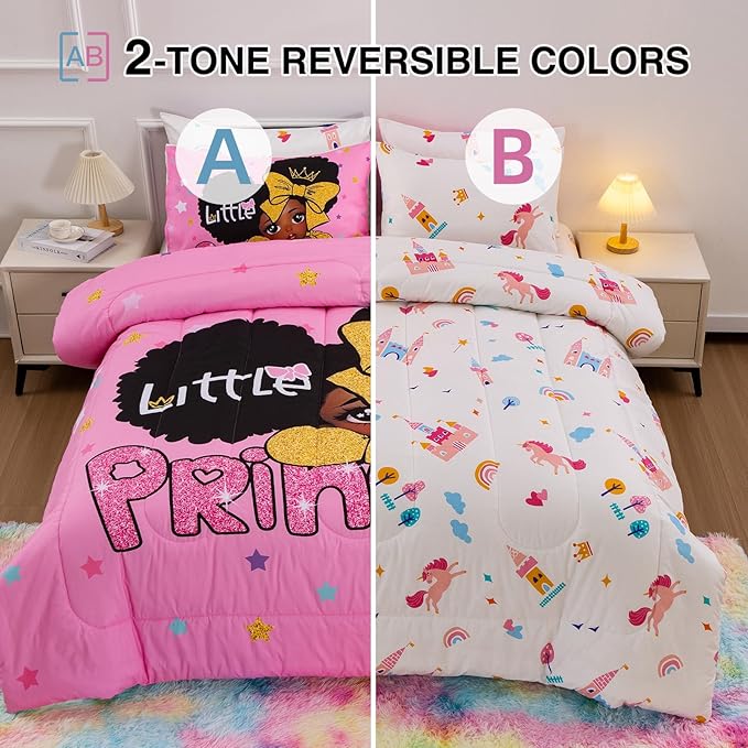 A Nice Night Black Girl Little Princess Comforter Set, Pink 6Pcs Bed in A Bag Twin Size Sparkling Stars Bedding Set,for Kids, Girls - LeafyLoom