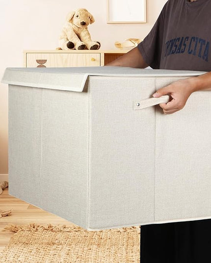 popoly 122L Large Toy Box Chest with Lid, Foldable Toy Storage Organizer Bin Boxes with Removable Divider for Kids, Boys, Girls, Nursery, Playroom, 26"x17" x17" (Linen Beige) - LeafyLoom