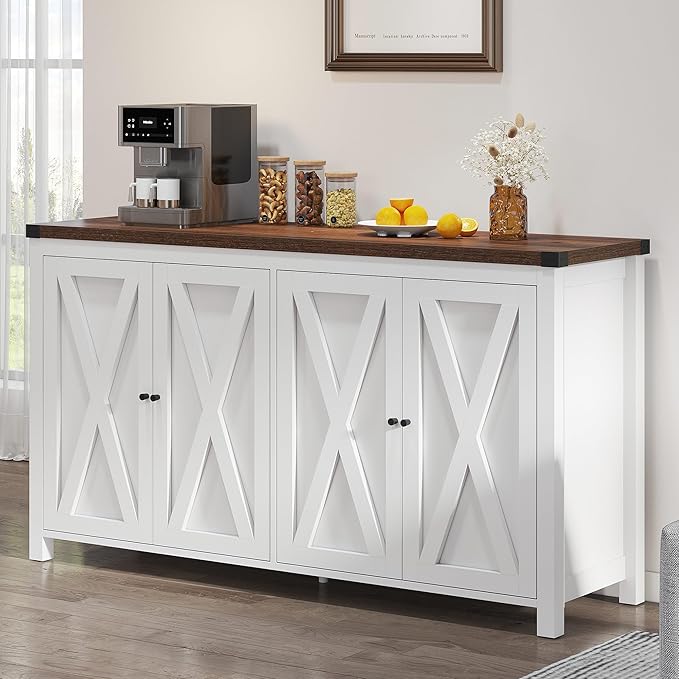 YITAHOME Farmhouse Sideboard Buffet Cabinet with Storage with 4 Doors, 55'' Large Kitchen Storage Cabinet, Wood Coffee Bar Cabinet with Adjustable Shelf for Kitchen, Living Room, White - LeafyLoom