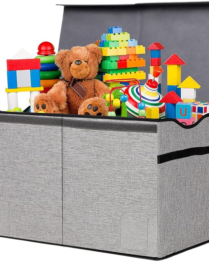 Toy Box Chest, Collapsible Sturdy Storage Bins with Lids, Extra Large Kids Toy Storage Organizer Boxes Bins Baskets for Kids, Boys, Girls, Nursery Room, Playroom, Closet (Fine Linen Gray) - LeafyLoom