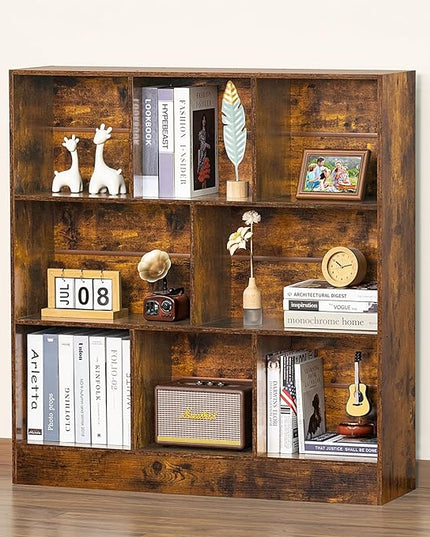 LEYAOYAO 8 Cube Bookshelf with Base,3 Tier Mid-Century Modern Brown Bookcase,Standing Wide Bookshelves Storage Organizer Shelf,Rustic Wood Display Cabinet Book Shelves for Bedroom,Living Room,Office - LeafyLoom