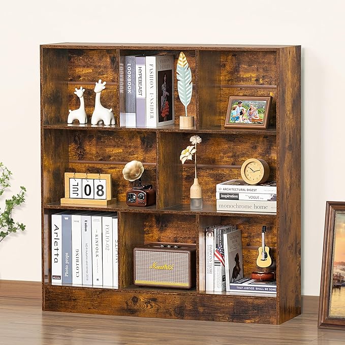 LEYAOYAO 8 Cube Bookshelf with Base,3 Tier Mid-Century Modern Brown Bookcase,Standing Wide Bookshelves Storage Organizer Shelf,Rustic Wood Display Cabinet Book Shelves for Bedroom,Living Room,Office - LeafyLoom