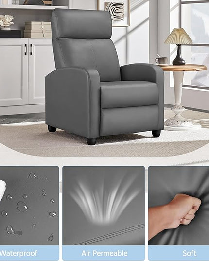 Yaheetech Recliner Chair PU Leather Recliner Sofa Home Theater Seating with Lumbar Support Overstuffed High-Density Sponge Push Silver Gray Recliners - LeafyLoom