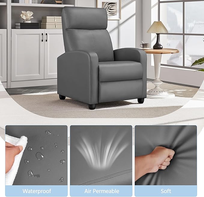 Yaheetech Recliner Chair PU Leather Recliner Sofa Home Theater Seating with Lumbar Support Overstuffed High-Density Sponge Push Silver Gray Recliners - LeafyLoom