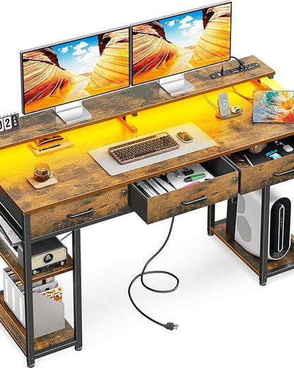 AODK 55 inch Computer Desk with 3 Drawers, Gaming Desk with LED Lights & Power Outlets, Home Office Desk with Storage Shelves & Monitor Stand, Modern Work Study Writing Table for Small Spaces, Vintage - LeafyLoom