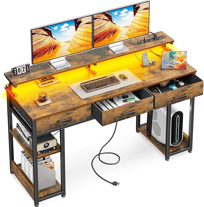 AODK 55 inch Computer Desk with 3 Drawers, Gaming Desk with LED Lights & Power Outlets, Home Office Desk with Storage Shelves & Monitor Stand, Modern Work Study Writing Table for Small Spaces, Vintage - LeafyLoom