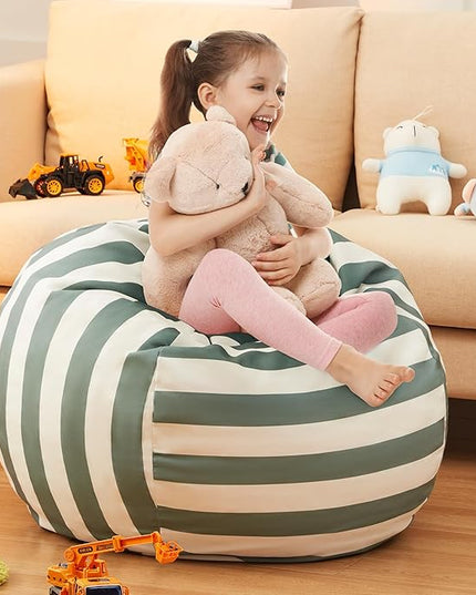 EXQ Home Kids Bean Bag Chairs Cover -Stuffed Animal Bean Bag Storage Green and White Stripes-Zipper Bean Bag for Organizing Children Plush Toys Holiday Gift for Girl,Boys - LeafyLoom