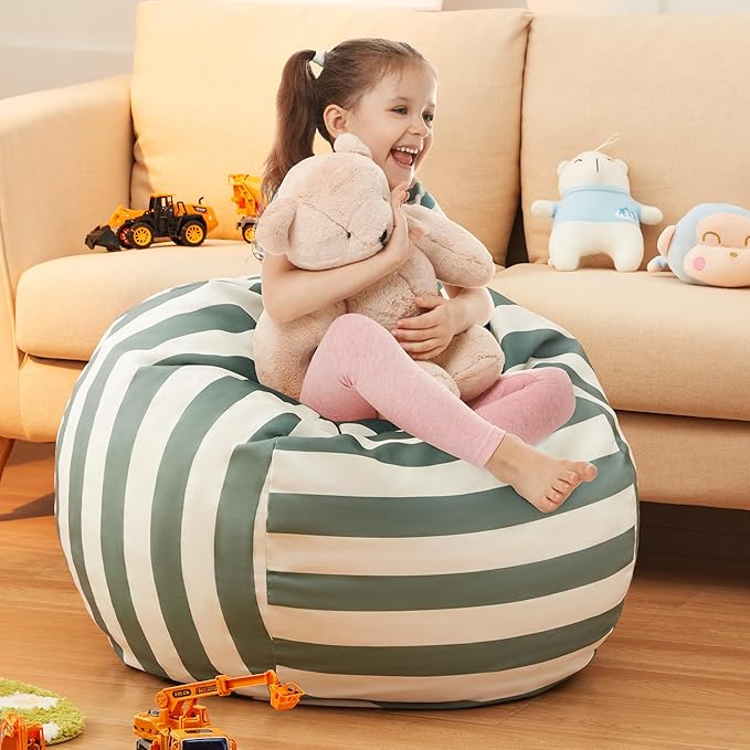 EXQ Home Kids Bean Bag Chairs Cover -Stuffed Animal Bean Bag Storage Green and White Stripes-Zipper Bean Bag for Organizing Children Plush Toys Holiday Gift for Girl,Boys - LeafyLoom