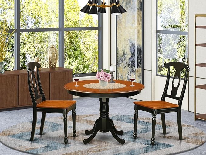 East West Furniture HLKE3-BCH-W 3 Piece Dining Room Furniture Set Contains a Round Dining Table with Pedestal and 2 Wood Seat Chairs, 42x42 Inch, Black & Cherry - LeafyLoom