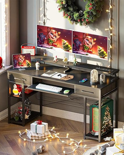 ODK Computer Desk with Drawers & Power Outlet, 55 Inch Office Desk with Keyboard Tray & Storage Shelves & PC Stand, Office Table Work Desk with Monitor Stand, Black - LeafyLoom