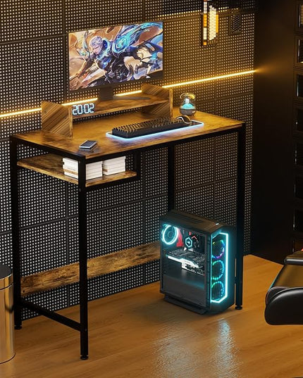 Computer Desk - 32 Inch Home Office Desk with Storage, Gaming Desk with Monitor Stand, Modern Simple Study Table, Adjustable Storage Space, Rustic - LeafyLoom