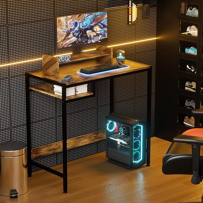 Computer Desk - 32 Inch Home Office Desk with Storage, Gaming Desk with Monitor Stand, Modern Simple Study Table, Adjustable Storage Space, Rustic - LeafyLoom