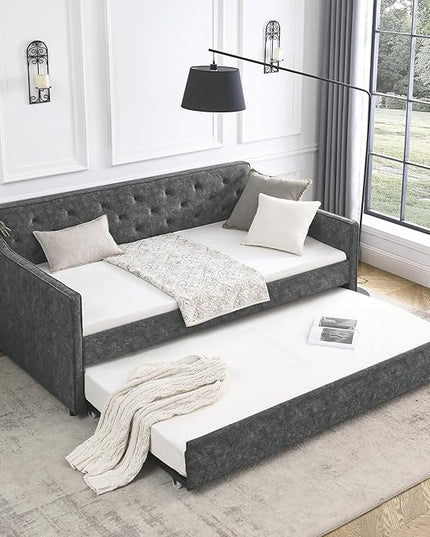 Upholstered Twin Size Daybed with Twin Trundle, Solid Wooden Bed Frame w/Button Tufted Backrest and Waved Shape Arms, No Spring Box Need, for Kids, Bedroom, Dorm - LeafyLoom