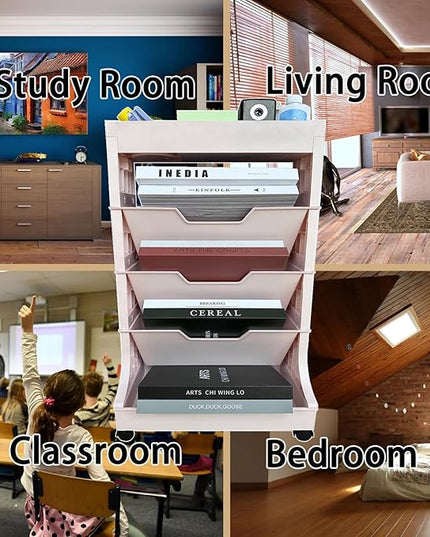 5-Tier Bookshelf, Book Storage Organization with Wheels Mobile Rolling Book Cart for Study in Bedroom School Office, Pink - LeafyLoom
