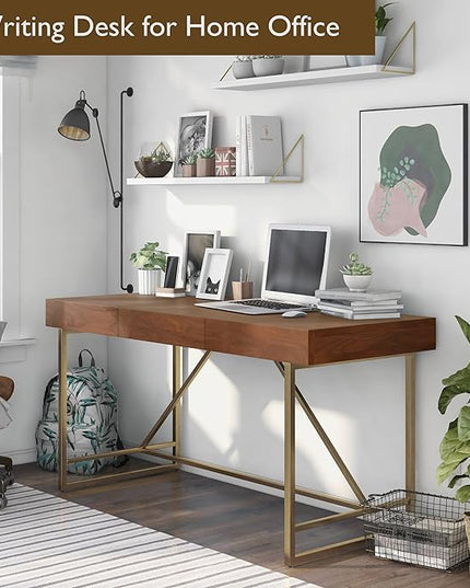 Lizon Modern 60 Inch Wood Desk with Drawers, Office Table with Storage, Vanity Without Mirror for Bedroom, Study Room, Dorm, 60-inch, Light Walnut Brown and Gold - LeafyLoom