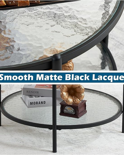 VINGLI 25.6" Small Matte Black Round Coffee Table Water-wave Glass Circle Clear Coffee Table, Center Table with 2-Tier Modern Storage Design for Living Room, Bedroom, Meeting Room, Balcony, Patio - LeafyLoom