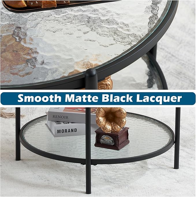 VINGLI 25.6" Small Matte Black Round Coffee Table Water-wave Glass Circle Clear Coffee Table, Center Table with 2-Tier Modern Storage Design for Living Room, Bedroom, Meeting Room, Balcony, Patio - LeafyLoom