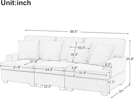 Wider 3 Seater Linen Upholstery Cushions Sofa Couch, Modern Deep Seat Sleeper Daybed Sofa&Couch with 4 Comfortable Pillows Perfect for Home Office Apartment Compact Living Room, 88.5", Grey-346 - LeafyLoom